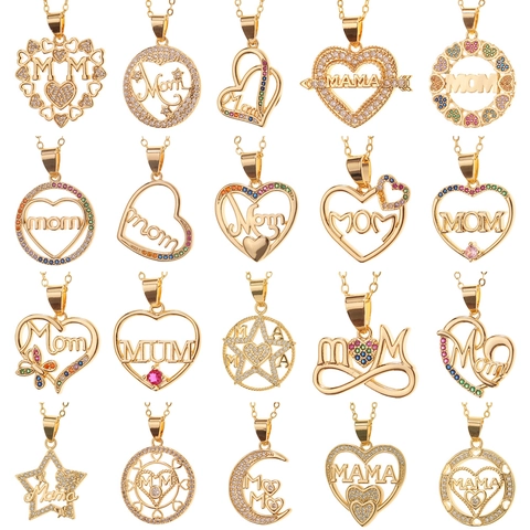 Mom Letter Pendant Necklace Gold Plated Copper Heart Shape With Colorful White Zircon Jewelry Gift For Mother Fashion