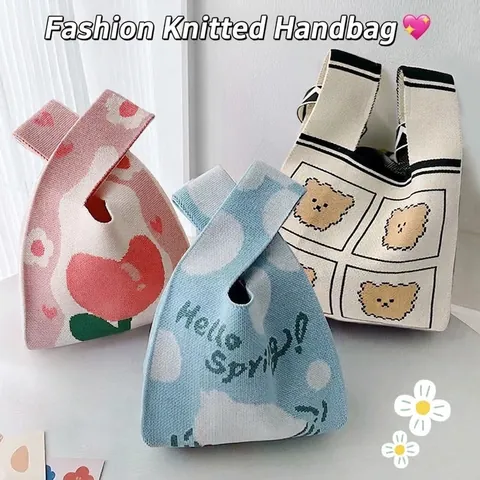 Knitted Knot Bag Polyester Woven Handbag Floral Panda Pattern Mini Tote For Women Casual Daily Portable Purse