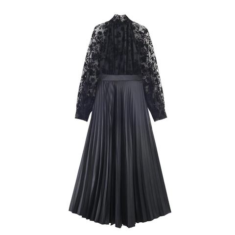 Mesh Flocking Patchwork Maxi Kleid Elegant Langarm Schleife Kragen Hohe Taille Plissee Banquet Party Kleid
