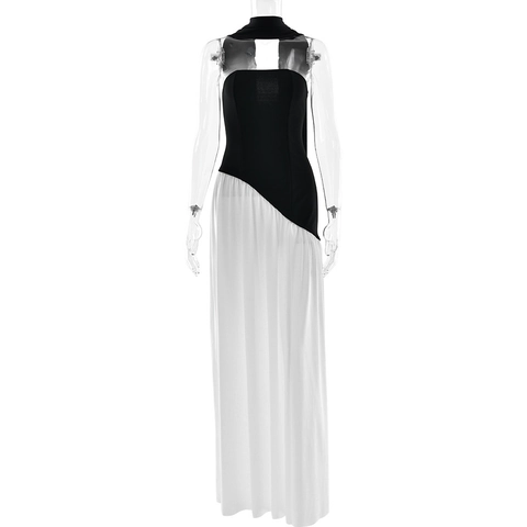Vestito Maxi Schiena Scoperta Sexy Color Block Patchwork Spalle Scoperte Spacco Poliestere Raso Di Latte Donne Sera
