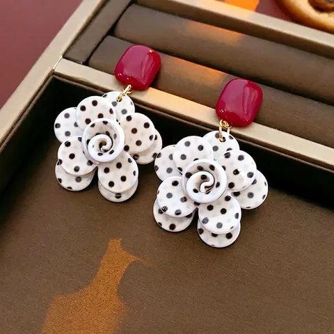 Orecchini A Fiore Con Pois Vintage Con Perno In Argento Quadrato Rosso Acrilico Gioielli Retro Per Donne