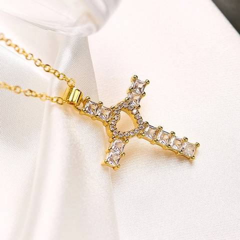 Collana Con Pendente A Croce In Rame Con Zirconia Cubica Intarsio A Cuore Placcato Oro Gioielli Di Moda Per Donna