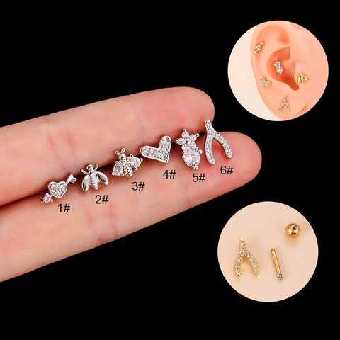 Pendientes Cartílago Acero Inoxidable Cobre Circonita Corazón Flor Abeja Cierre De Rosca Piercing Corporal Para Mujeres