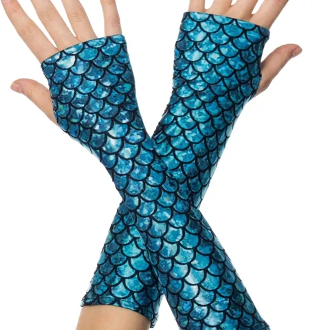 Mermaid Fish Scale Metallic Fingerless Long Gloves Shiny Arm Warmers Performance Halloween Costume Party Accessory