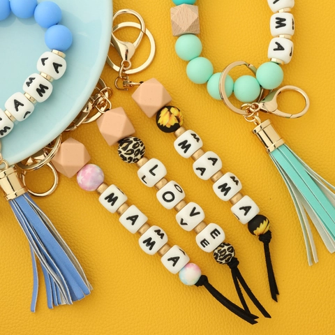 MAMA Letter Silicone Beads Keychain Wristlet Wood Bead PU Tassel Key Ring For Women Fashion Accessory Mother Day Gift