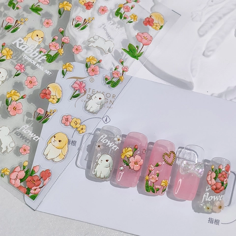 Autocollants À Ongles Relief 5D 3D Auto-Adhésifs Motifs Lapin Fleur Style Doux Décoration De Manucure DIY Pour Femmes