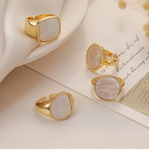 Geometric Open Adjustable Ring Copper 18K Gold Plated Mother Of Artificial Pearl Minimalist Luxury Women Fashion Jewelry