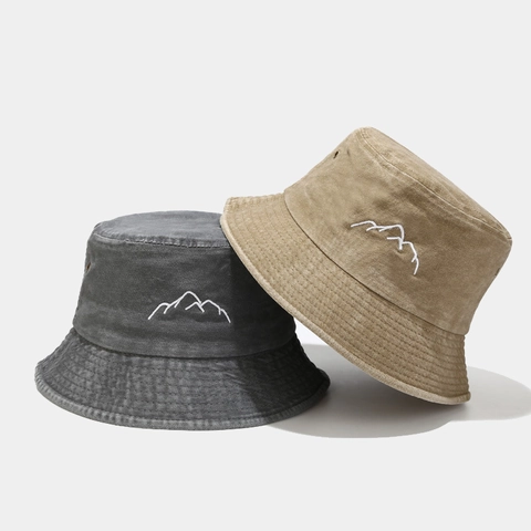 Cappello Alla Pescatora In Cotone Lavato Vintage Ricamo Montagna Cappello Da Sole Outdoor Unisex
