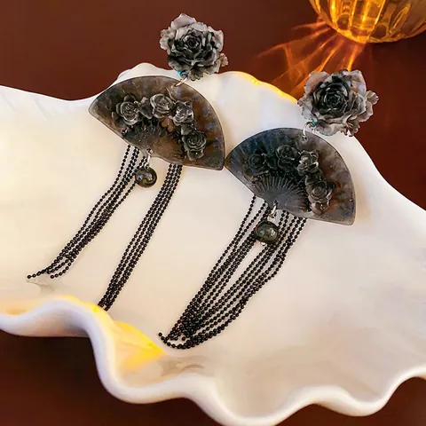 Retro Rosenblume Fächerform Lange Quastenohrringe Mit Silberohrstecker Legierung Harz Vintage Stil Für Damen