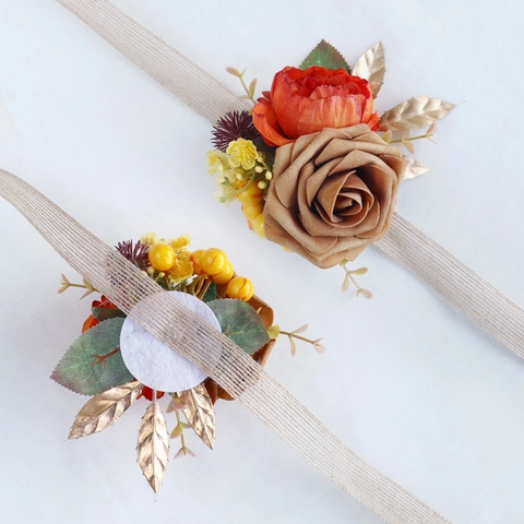 Artificial Satin Rose Wrist Corsage And Boutonniere Caramel Orange Wedding Flowers For Groom Bride Bridesmaid Prom Party