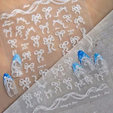 Weiße 3D Relief Nagelaufkleber Schmetterling Schleife Band Mond Stern Muster Elegante Maniküre DIY Deko Für Damen