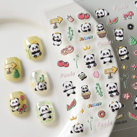 Autocollants Pour Ongles Gaufrés Motif Panda Dessin Animé Bambou Décoration De Manucure Imperméable Pour Femmes