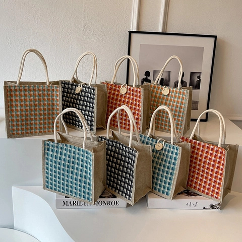 Linen Jute Woven Handbag Tote Bag Women Contrast Color Plaid Pattern Wood Button Zipper Closure Vintage Casual Gift Bag
