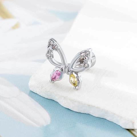 Butterfly Ear Cartilage Stud Titanium Steel Micro Inlaid Pink Yellow Zircon Piercing Screw Back Vintage Elegant Jewelry