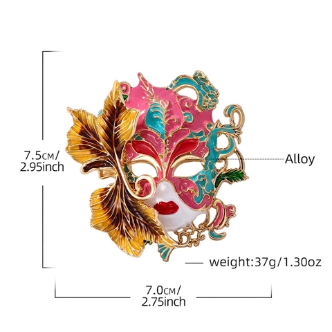 Venetian Mask Brooch Zinc Alloy Enamel Vintage Relief 3D Hollow Leaf Design Artistic Carnival Pin Jewelry For Women