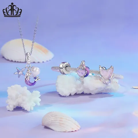 925 Sterling Silver Mermaid Charm Beads Ocean Theme Enamel Purple Zircon Artificial Pearl Pendant For DIY Bracelet Jewelry Making