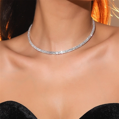 Glänzende Strass Choker Halskette Ohrringe Kupfer Versilbert Tennis Kette Edelstahl Ohrringpfosten Schmuck Damen