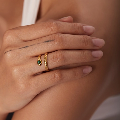Stainless Steel Snake Open Ring With Rhinestone Malachite Inlaid Gold Plated Cobra Adjustable Finger Ring Jewelry For Women