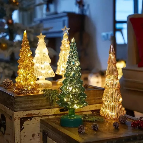 LED Light Up Ribbed Glass Christmas Tree Tabletop Decor Warm Light Festive Desktop Window Holiday Ornament Home Decoration