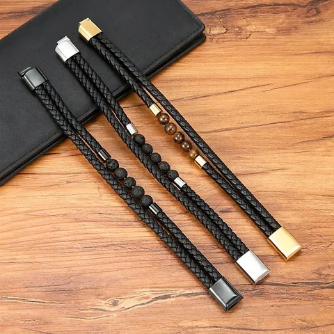Bracciale In Pelle Intrecciata Da Uomo Perline Occhio Di Tigre Pietra Lavica Naturale Chiusura Magnetica Acciaio Inossidabile