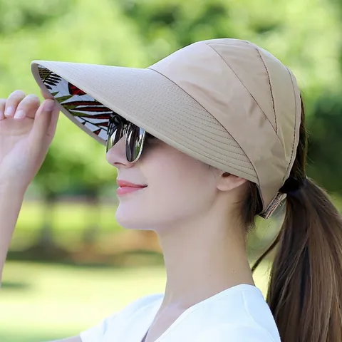 Women Sun Visor Hat Empty Top Wide Brim UV Protection Polyester Floral Print Artificial Pearl Flower Decor Breathable Summer Beach