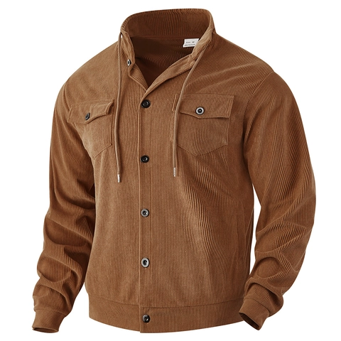 Men Corduroy Jacket Vintage Loose Work Outerwear Stand Collar Button Down Casual Pocket Decorative Coat Long Sleeve