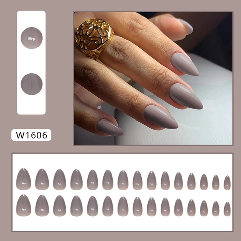 Press On Nails Glossy Almond Shape Fake Nails Light Gray Pure Color Removable Manicure Tips For Women ABS Plastic