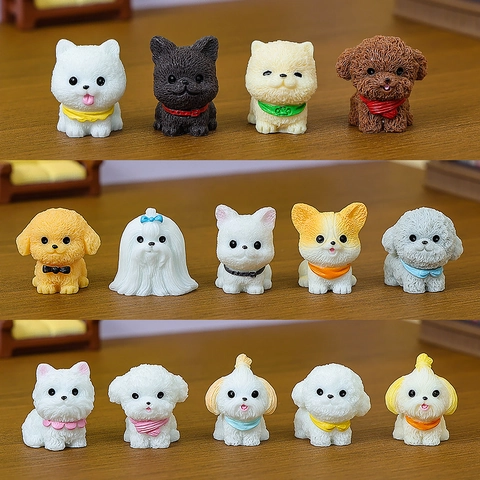 Lindo Perro Figura Resina Miniatura Micro Paisaje Adornos Dibujos Animados Cachorro Estatuas Con Bufandas Coloridas Decoración Escritorio