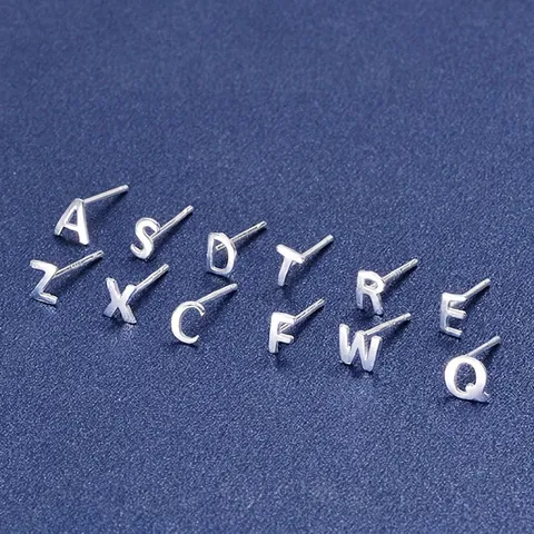 S999 Fine Silver Letter Stud Earrings Minimalist Geometric Alphabet Hypoallergenic Tiny Ear Jewelry For Women Girls