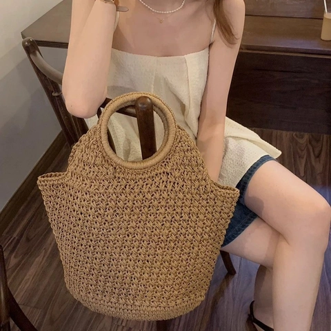 Strohgewebte Handtasche Große Kapazität Rundgriff Sommer Strand Urlaub Tote Bag Für Frauen Handgefertigt Lässig