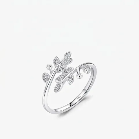 925 Sterling Zilveren Blad Ring Voor Dames Verstelbare Olijftak Cubic Zirconia Elegante Minimalistische Sieraden