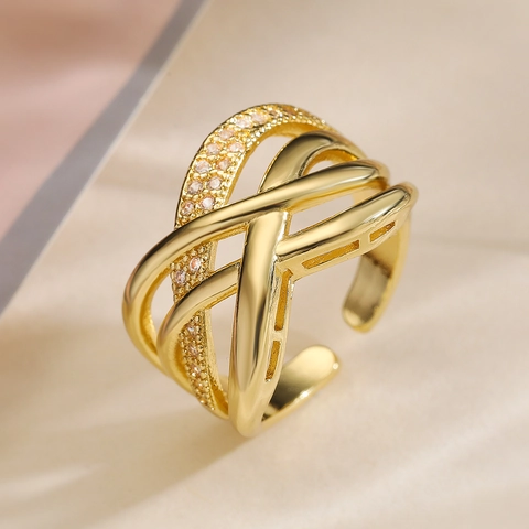 Anello Aperto Geometrico alla Moda in Rame Placcato Oro 18K con Zirconi Intarsiati Regolabile Gioielli da Donna Regalo