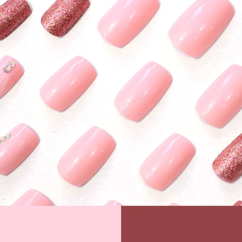 Pink Matte Long Square Press On Nails With Glitter Rhinestone Artificial Pearl ABS Plastic Elegant French Line Style For Women