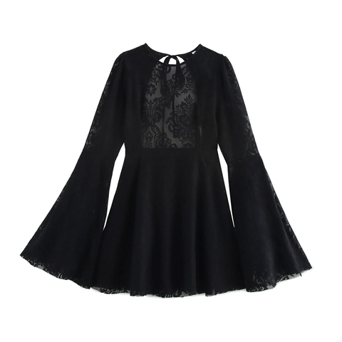 Sexy Schwarzes Spitzen Minikleid Mit Trompetenärmeln Rückenfrei Hollow Out Bindegürtel Elegant Party Kurz