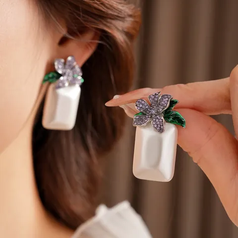 Orecchini Pendenti Vintage Con Fiore Viola E Perla Artificial Imitazione Rettangolare Con Perno In Argento Gioielli Retro Di Lusso Per Donna