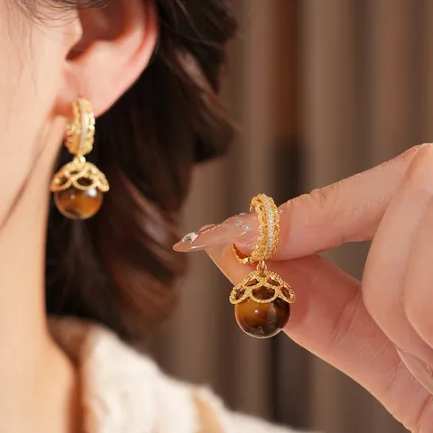 Vintage Tiger Eye Hoop Earrings Zircon Copper Hollow Lace Design Women French Style With 925 Sterling Silver Earring Post