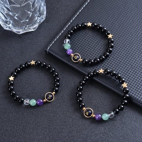 Zodiac Sign Beaded Bracelet Natural Stone Obsidian Blue Sandstone Crystal Star Charm Constellation Jewelry For Women Men