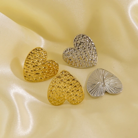 Orecchini A Cuore Acciaio Inossidabile Placcato Oro 14K Texture Martellata Doppio Cuore Pendenti Gioielli Di Tendenza Donna