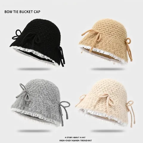 Women Knitted Bucket Hat Acrylic Crochet Lace Bowknot Warm Sweet Japanese Style Winter Soft Folding Basin Hat