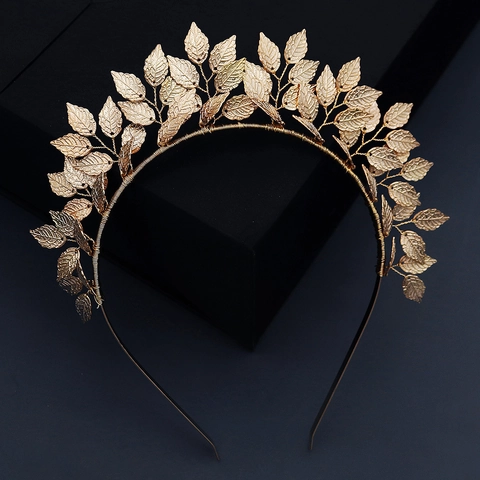 Brautkrone Haarreif Handgefertigter Goldener Legierung Blatt Barock Wald Stil Hochzeit Haarschmuck Für Frauen