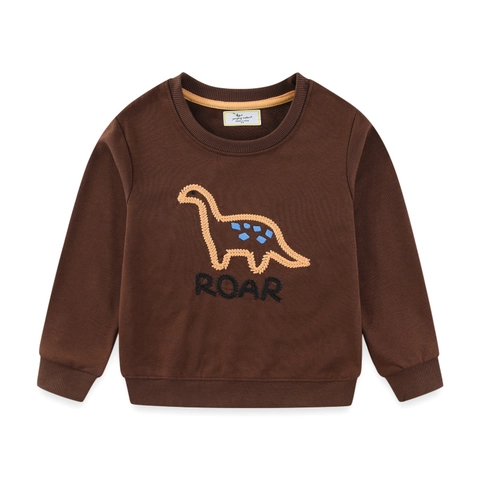 Sweat-shirt En Coton Pour Garçons Pull Brodé Dinosaure Col Rond Manches Longues Haut Décontracté Automne