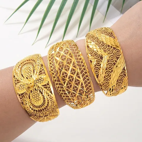 Cuff Bracelet Gold Plated Copper Hollow Out Filigree Vintage Ethnic Open Adjustable Jewelry For Women