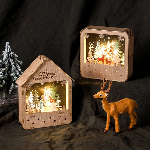 Kerst Houten Huis Ornament Gloeiende LED Laser Gesneden Dorp Scene Desktop Decoratie Feestelijke Geschenken