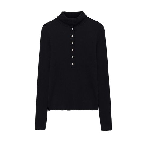 Dames Casual Geribbelde Gebreide Trui Mock Neck Knoop Slanke Pasvorm Lange Mouw Metaaldraad Effen Kleur Herfst Winter Top