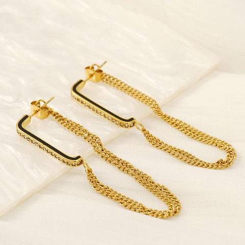 Geometrische Hangende Oorbellen Titaniumstaal 18K Verguld Strass Emaille Kwastje Voor Dames Mode Sieraden Elegant