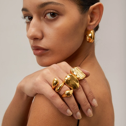 Anillos Gruesos Textura Lava Acero Inoxidable Chapado Oro 18K Joyería Declaración Geométrica Irregular Para Mujeres Estilo Vintage