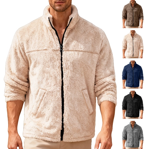 Men Fleece Jacket Stand Collar Zip Up Casual Sherpa Lined Thermal Outerwear Soft Warm Long Sleeve Coat