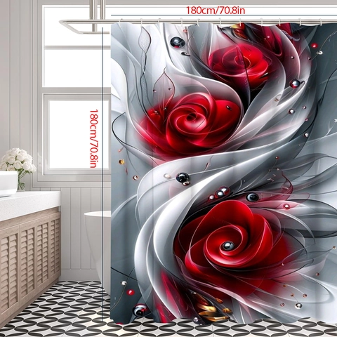 Douchegordijn Waterdicht Polyester Weefsel 3D Abstracte Rode Roos Bloem Print Wasbaar Met Kunststof Haken Badkamer Decor