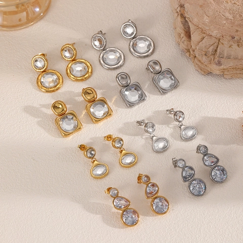Geometric Zirconia Dangle Earrings Stainless Steel Elegant Drop Jewelry For Women 18K Gold Plated Vintage Style