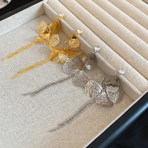 Hollow Petal Flower Drop Earrings With Zircon And Silver Earring Post Long Tassel Copper Light Luxury Jewelry Women